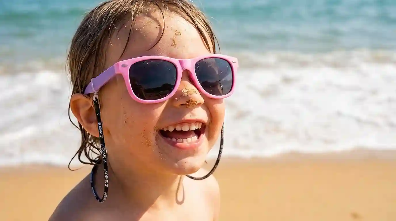 Children wearing colorful RIVBOS UV400 polarized sunglasses outdoors